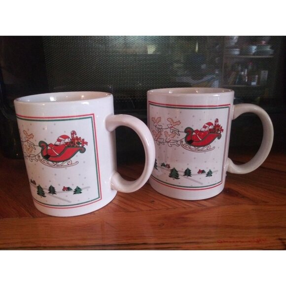 Set of 2 Christmas Mugs Santa Sleigh Reindeer Ceramic excellent condition - Picture 3 of 6